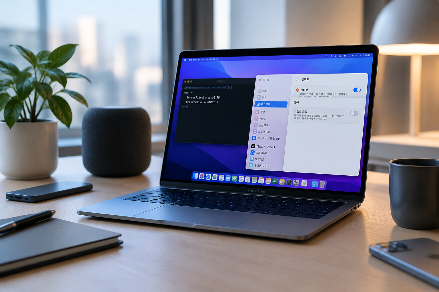 macOS SSH KeepAlive 및 방화벽 스텔스 모드 설정 화면