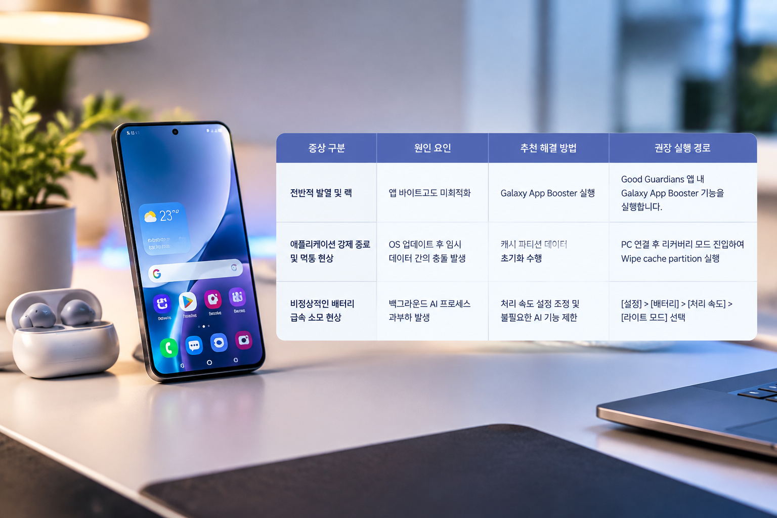 One UI 9.0 오류 증상별 원인 및 권장 조치 요약 표