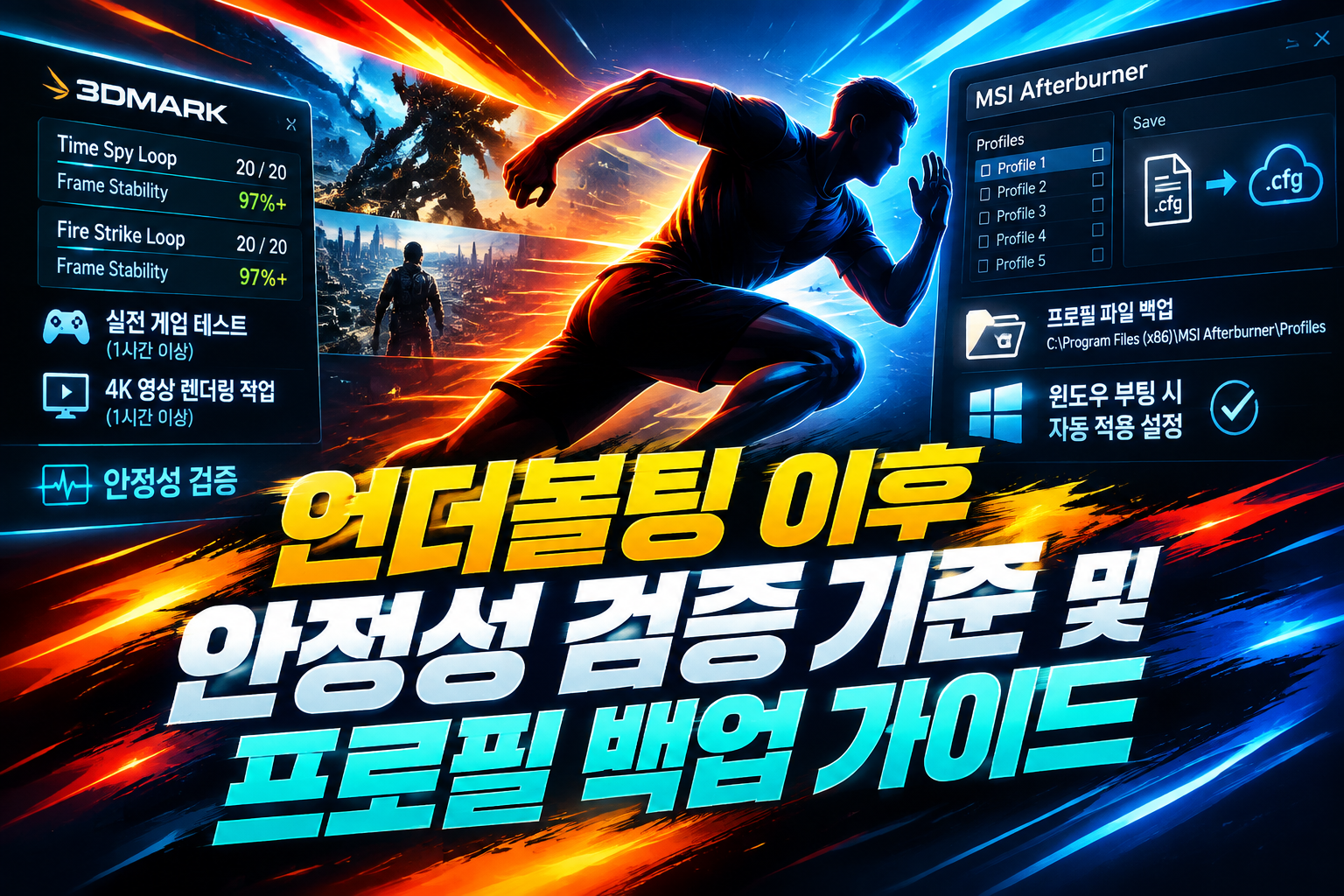 3DMark 스트레스 테스트 결과 화면과 MSI Afterburner 프로필 백업 과정을 나타내는 일러스트