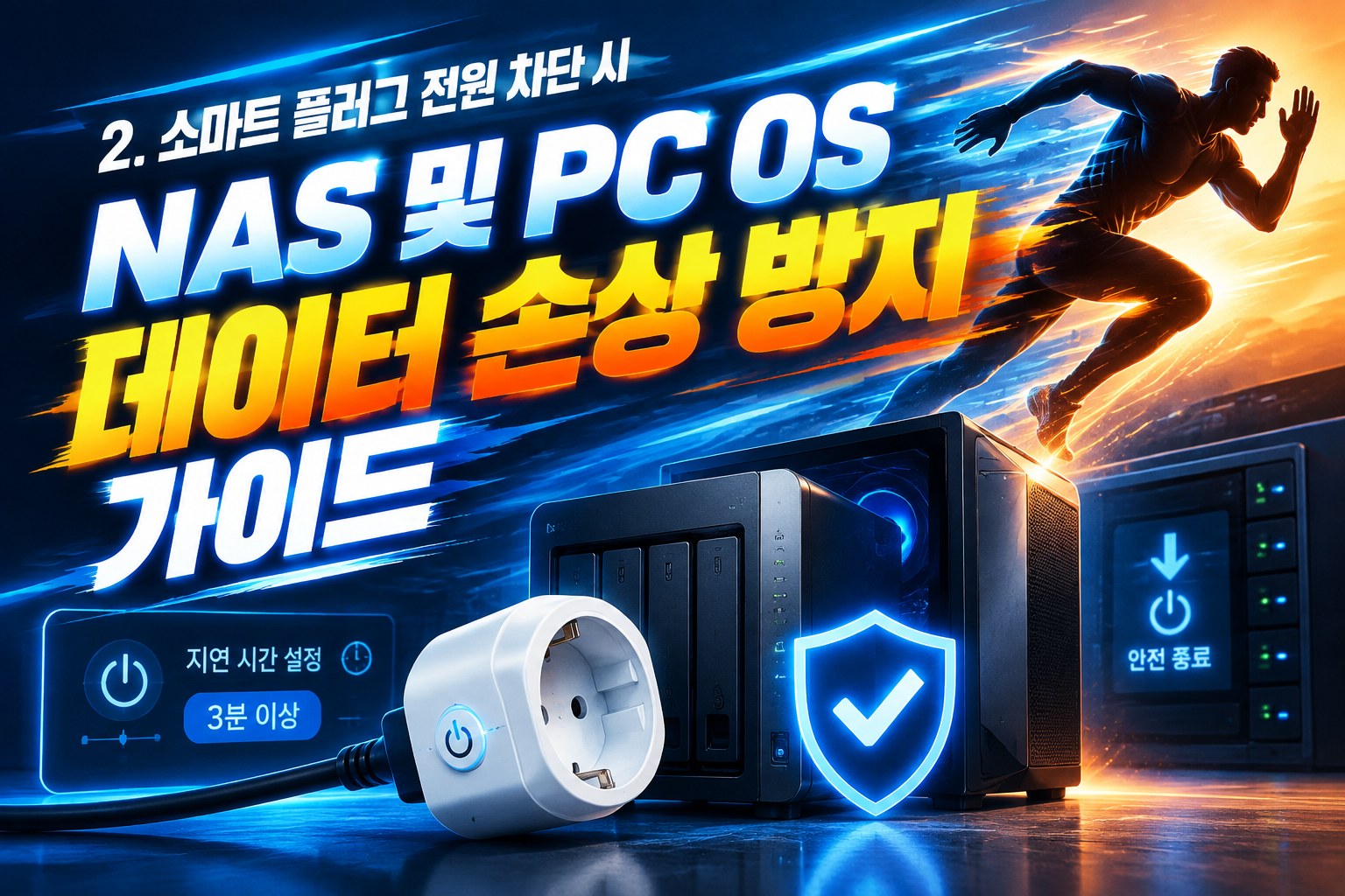 스마트 플러그 전원 차단 지연 설정 및 NAS 시스템 안전 종료 과정을 나타낸 그래픽