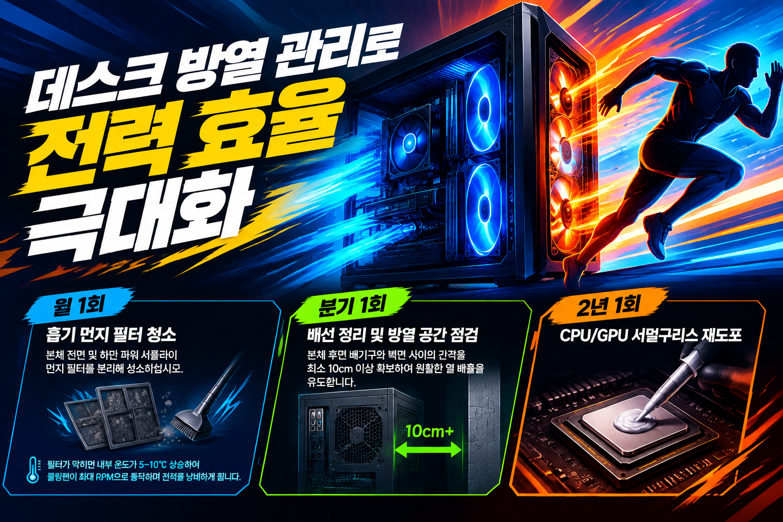 PC 먼지 필터 청소 및 CPU 서멀구리스 재도포 과정을 설명하는 방열 관리 이미지