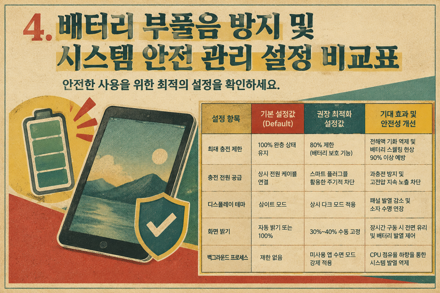 구형 태블릿 배터리 안전 최적화 설정 비교표