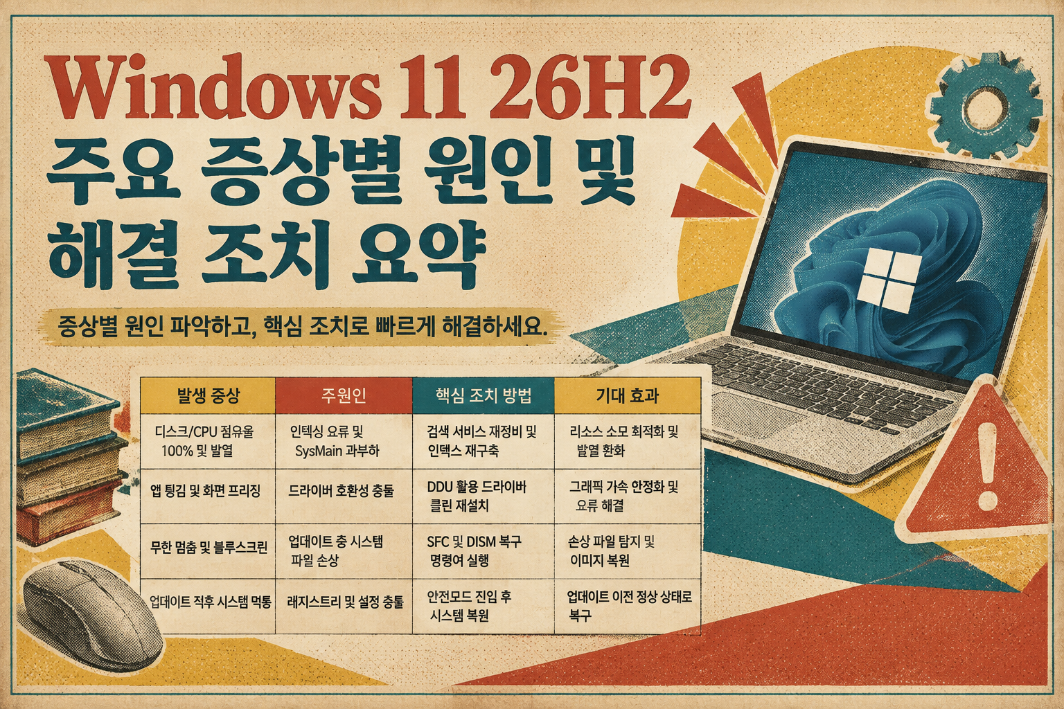 Windows 11 26H2 오류 주요 증상별 원인 및 해결 조치 요약표
