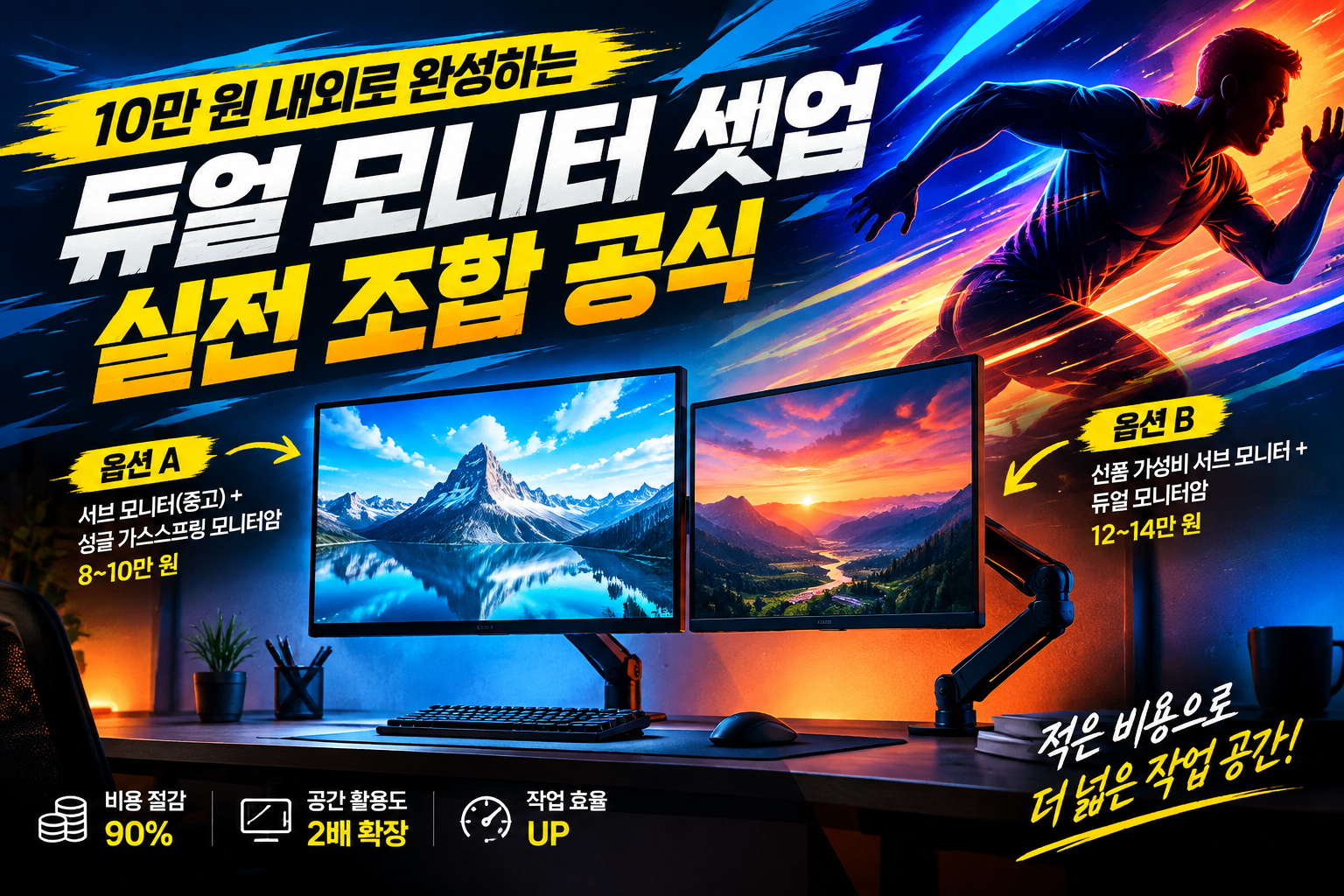 10만원대 예산으로 완성한 가성비 듀얼 모니터 셋업 및 모니터암 설치 모습