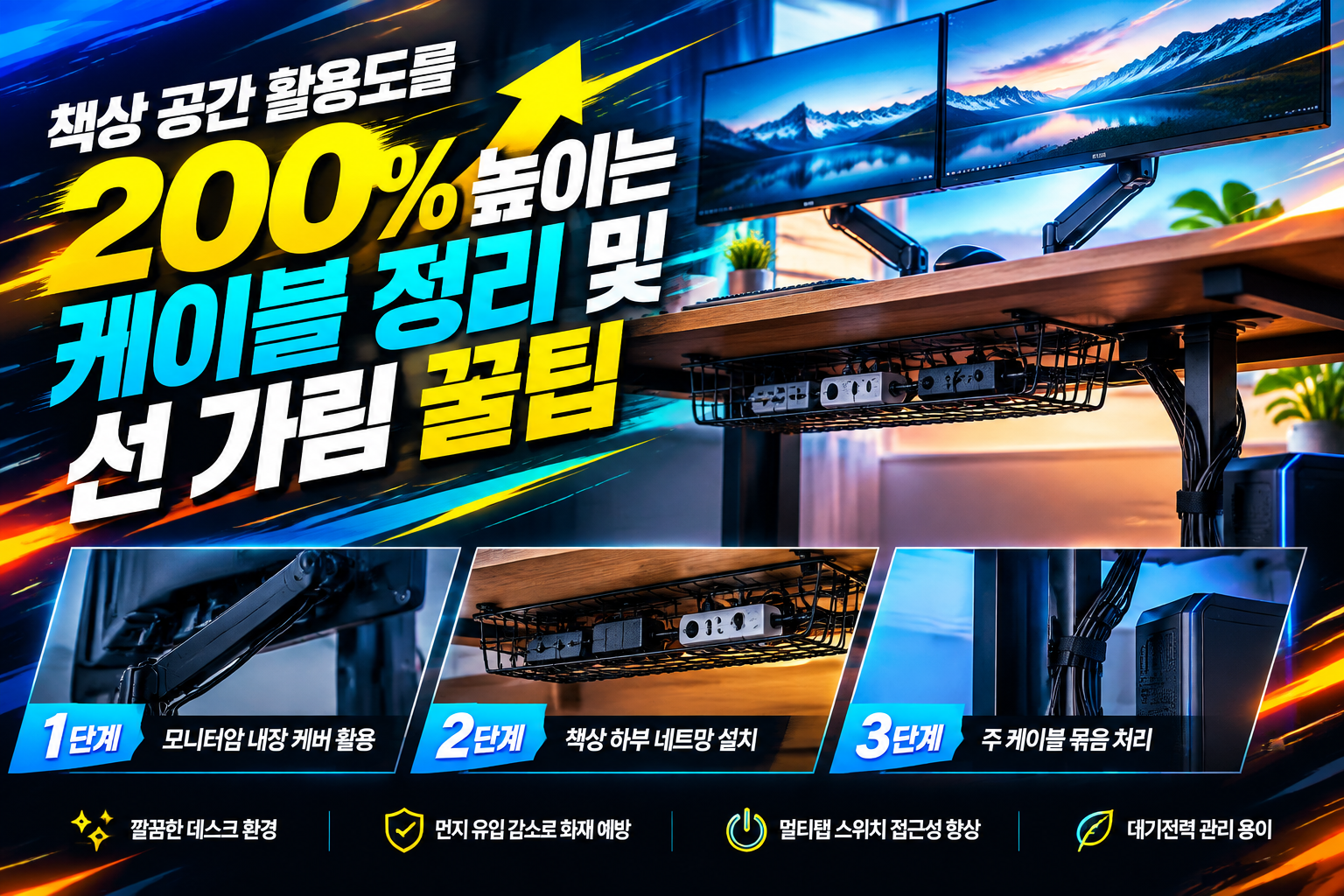 데스크 하부 와이어 네트망과 밸크로 타이를 활용한 깔끔한 케이블 정리