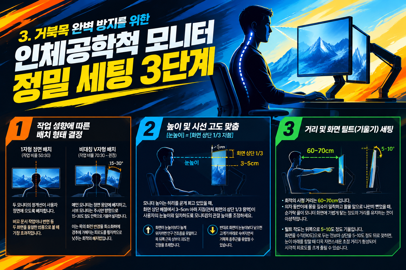 거북목 방지를 위한 V자형 듀얼 모니터 각도 및 눈높이 인체공학 세팅