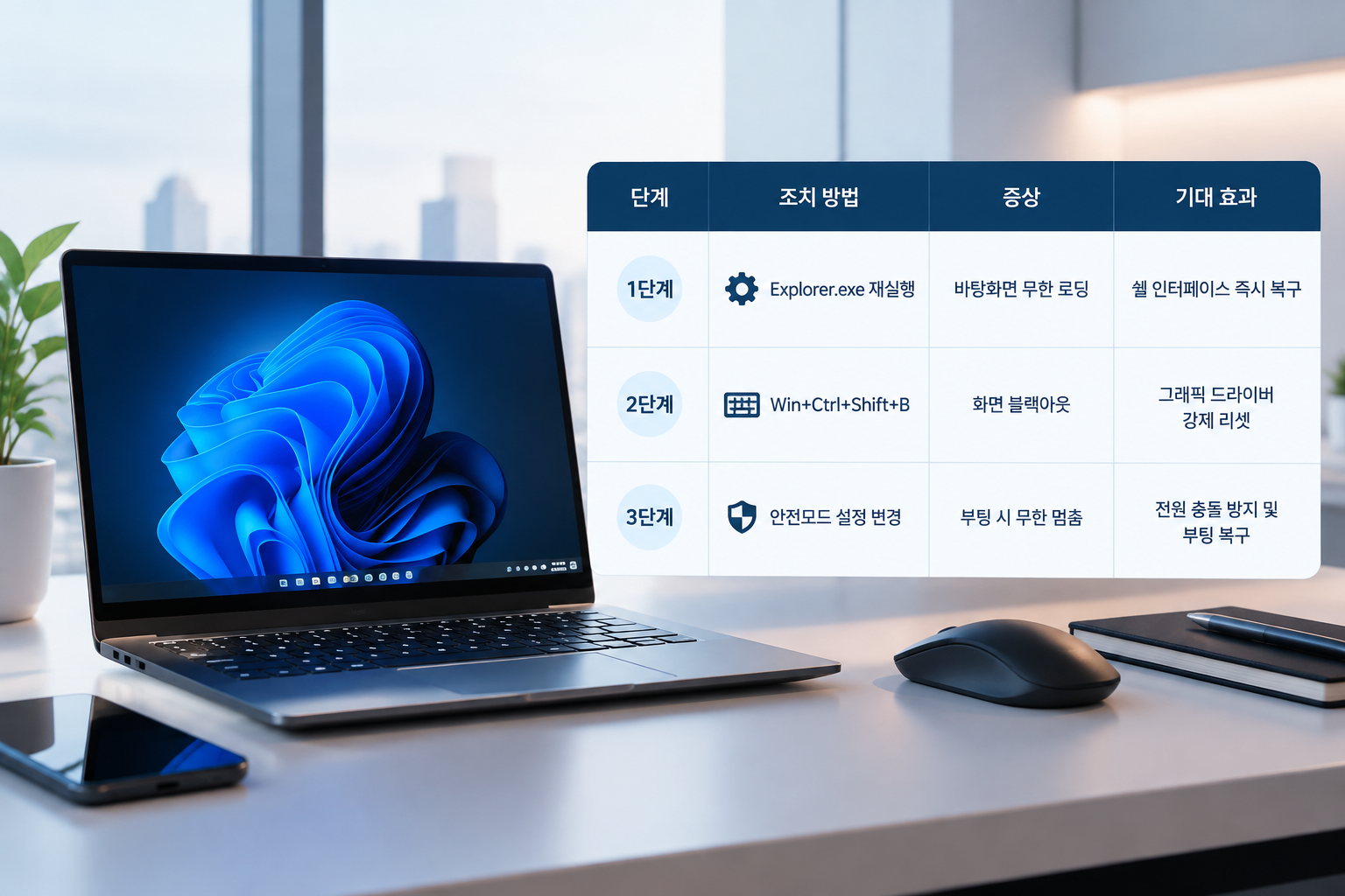 윈도우 11 검은 화면 먹통 현상 해결을 위한 3단계 응급 조치 요약 표