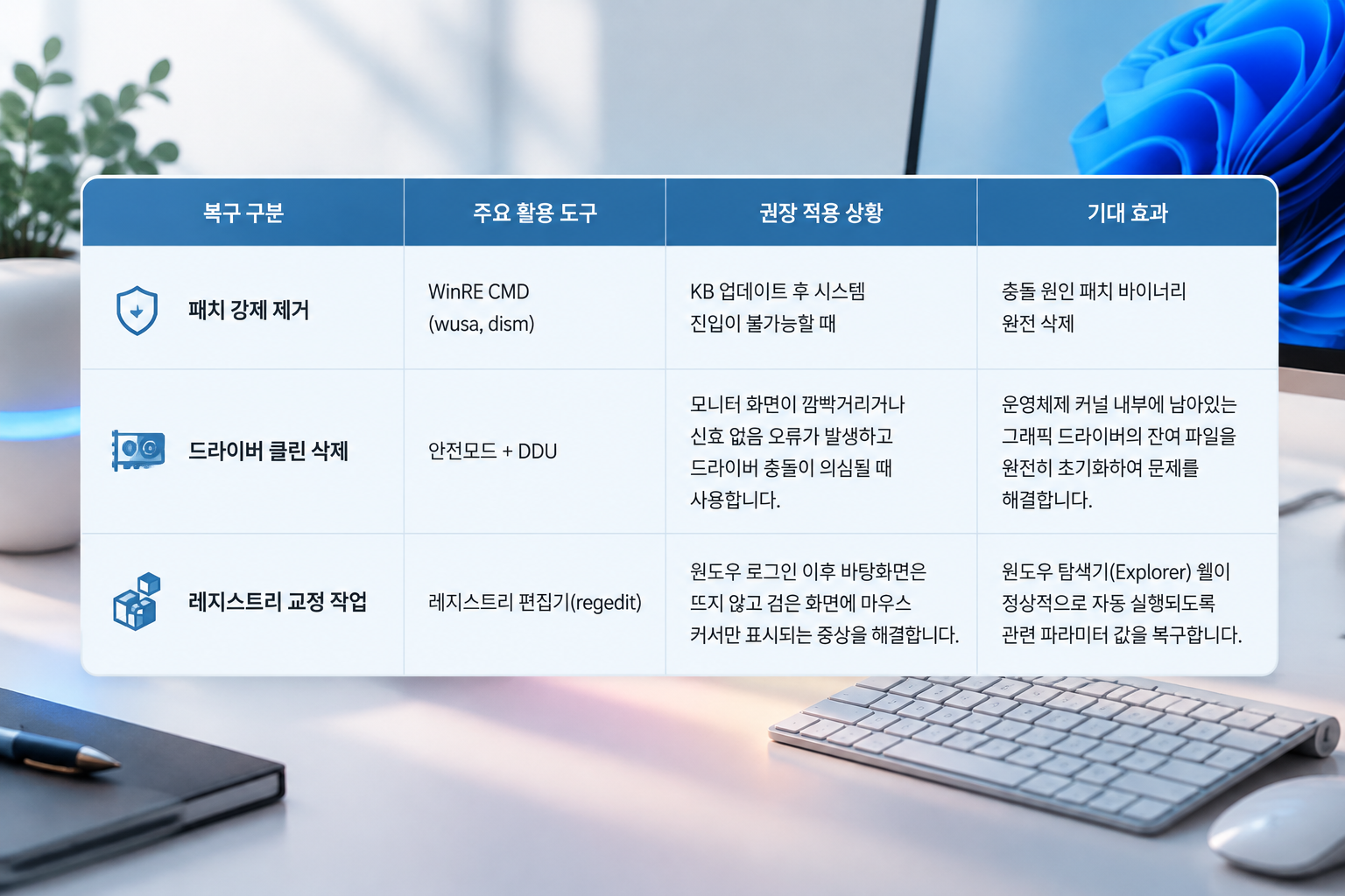 윈도우 11 업데이트 오류 복구 옵션별 실행 권장표 (WinRE CMD, DDU, 레지스트리 교정 비교)