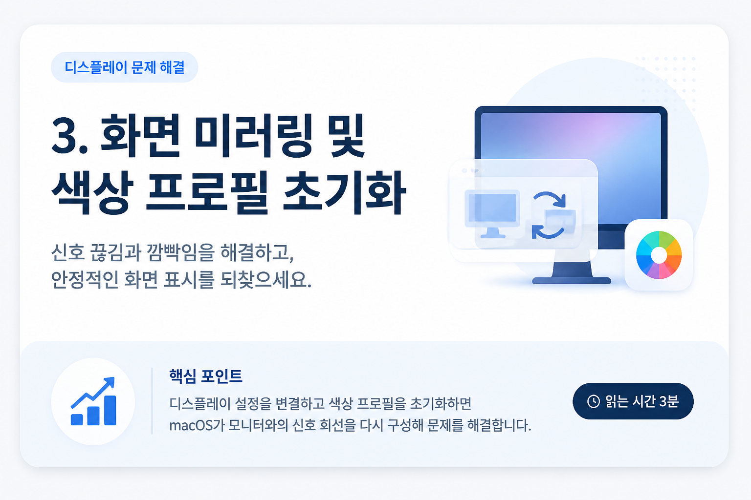 외부 모니터 깜빡임 증상 완화를 위한 디스플레이 미러링 및 색상 프로필 재설정