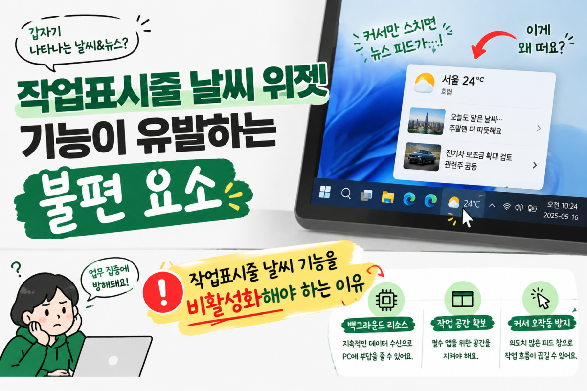 윈도우 작업표시줄 날씨 위젯 화면 및 컴퓨터 날씨 끄기 설정 예시