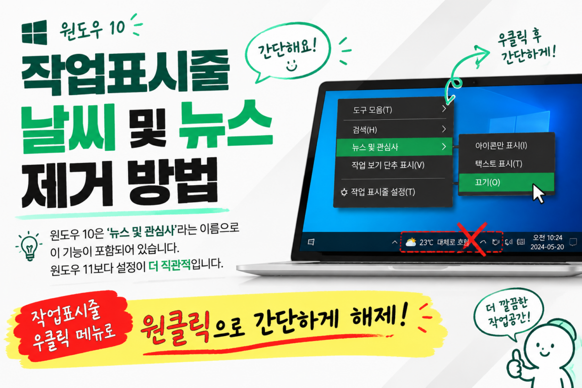 Windows 10 작업표시줄 뉴스 및 관심사 메뉴에서 컴퓨터 날씨 끄기 설정 화면