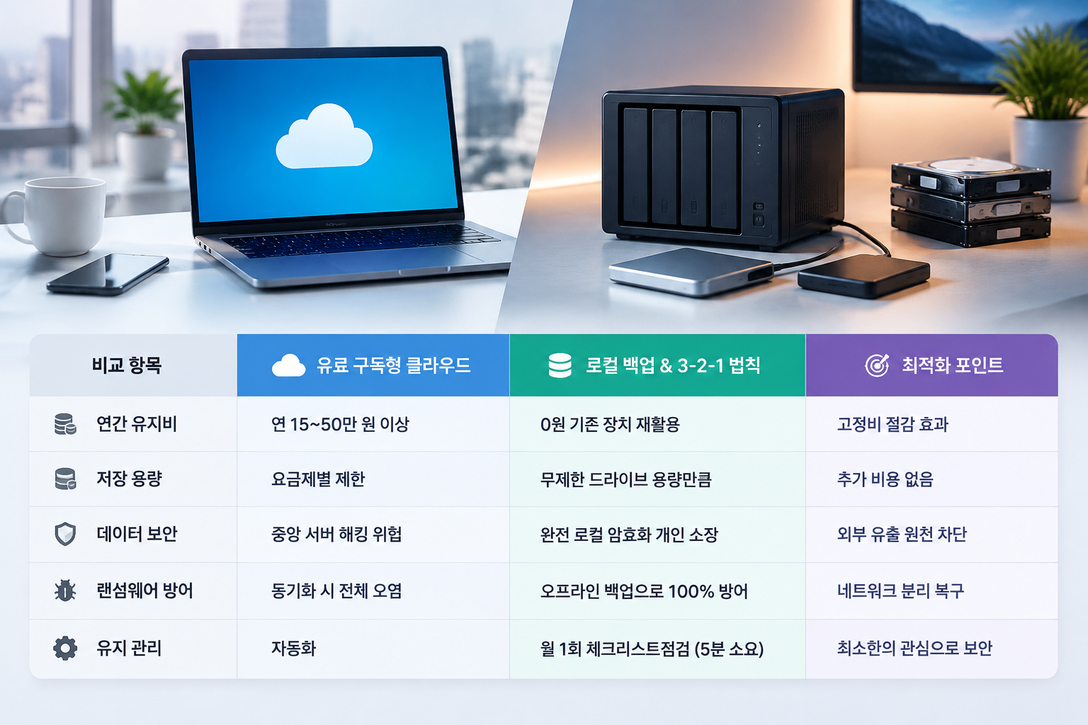유료 클라우드 구독 vs 로컬 데이터 백업 3-2-1 법칙 유지비 및 보안 비교