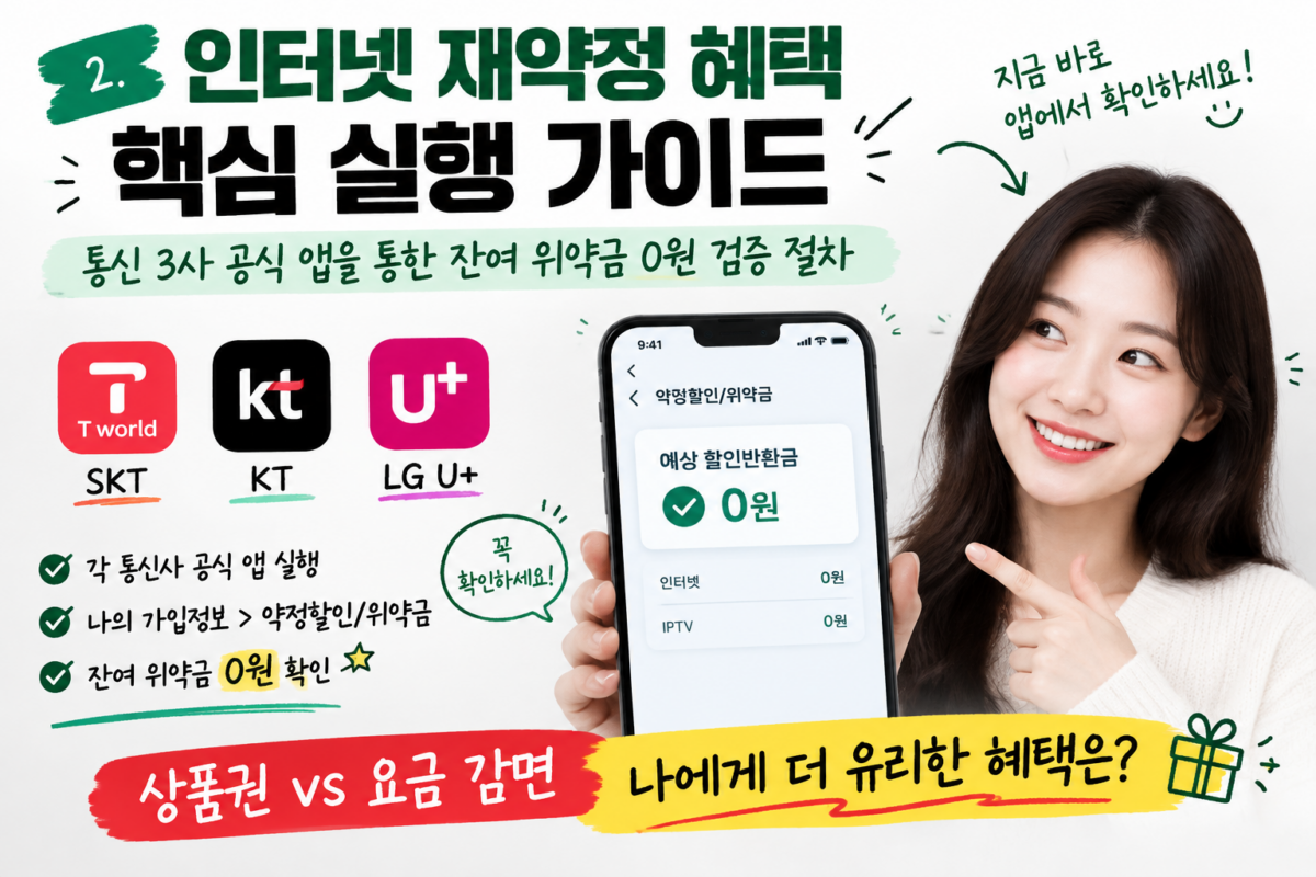 통신 3사 인터넷 재약정 본사 상품권 지원금 및 기본요금 영구 감면 비교