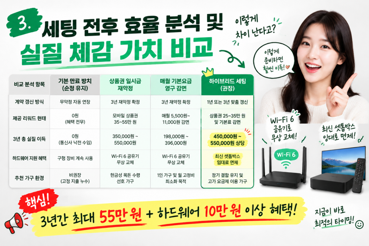 인터넷 재약정 유형별 3년 총액 실질 이득 및 하이브리드 세팅 비교표