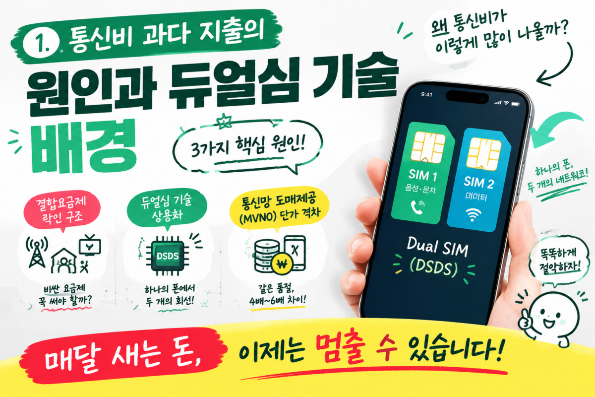 통신 3사 고가 요금제 락인 구조와 알뜰폰 듀얼심 혜택 비교 개념도