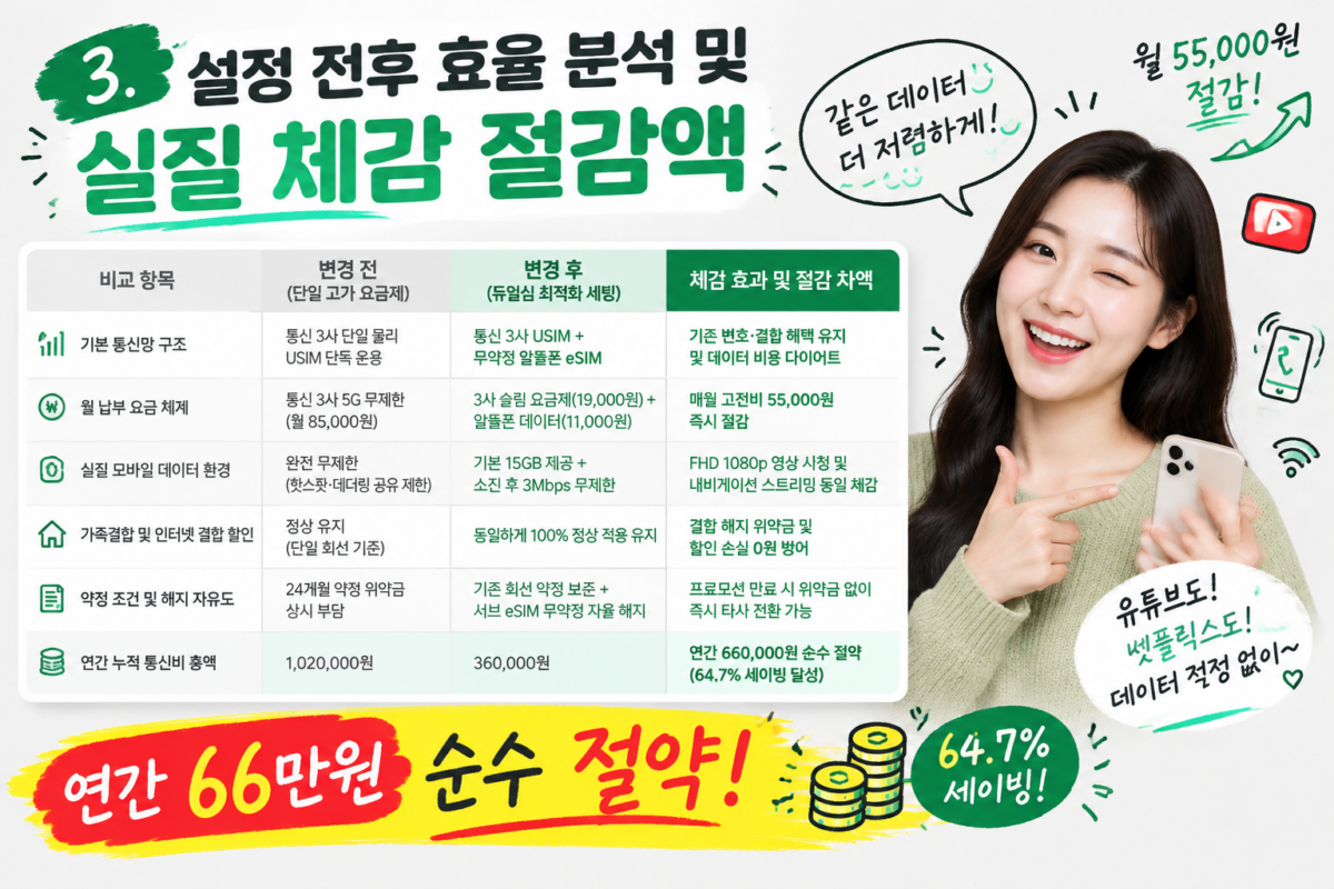 통신 3사 고가 요금제와 알뜰폰 듀얼심 혜택 조합의 연간 통신비 절감 비교표
