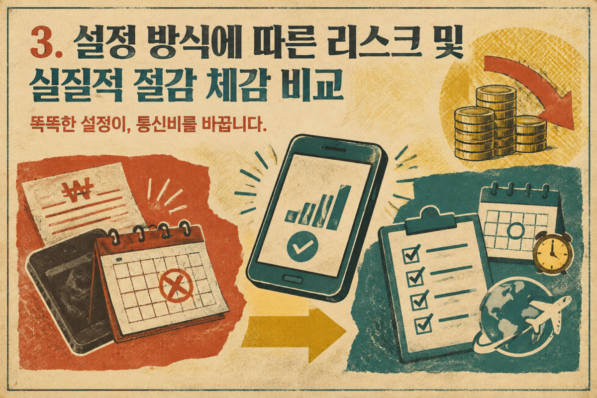 사전 점검 없는 기존 방식과 알뜰폰 위약금 방지 최적화 방안의 통신비 절감 및 리스크 비교표