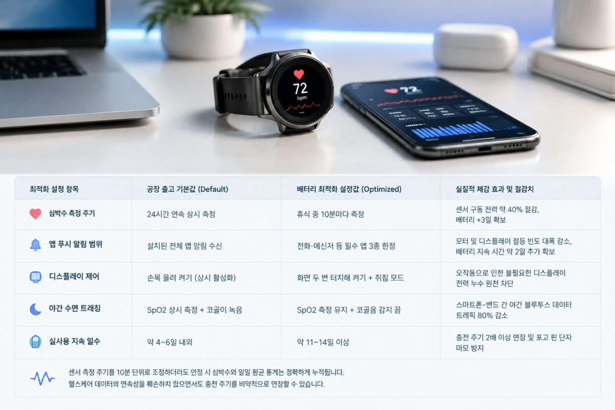 갤럭시 핏4 기본값 대비 배터리 최적화 설정 전후 사용 시간 비교표