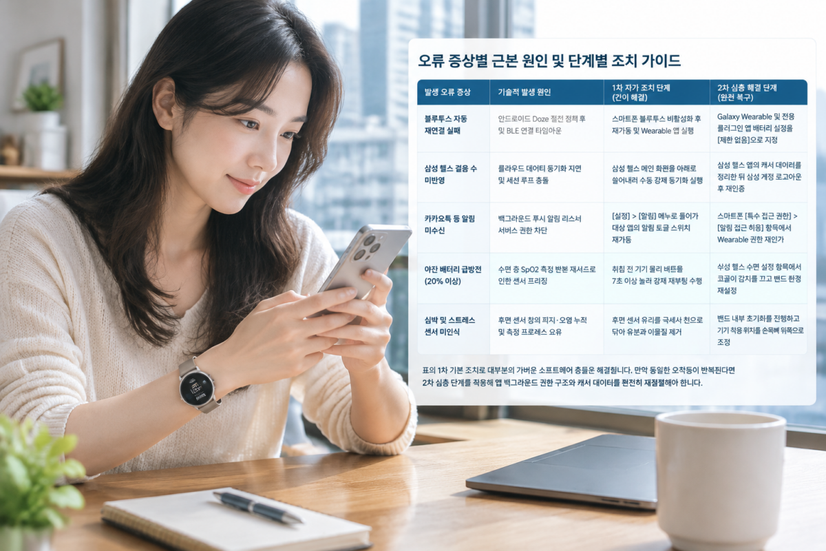 갤럭시 핏4 오류 증상별 원인과 1차 2차 단계별 트러블슈팅 조치 가이드 요약표