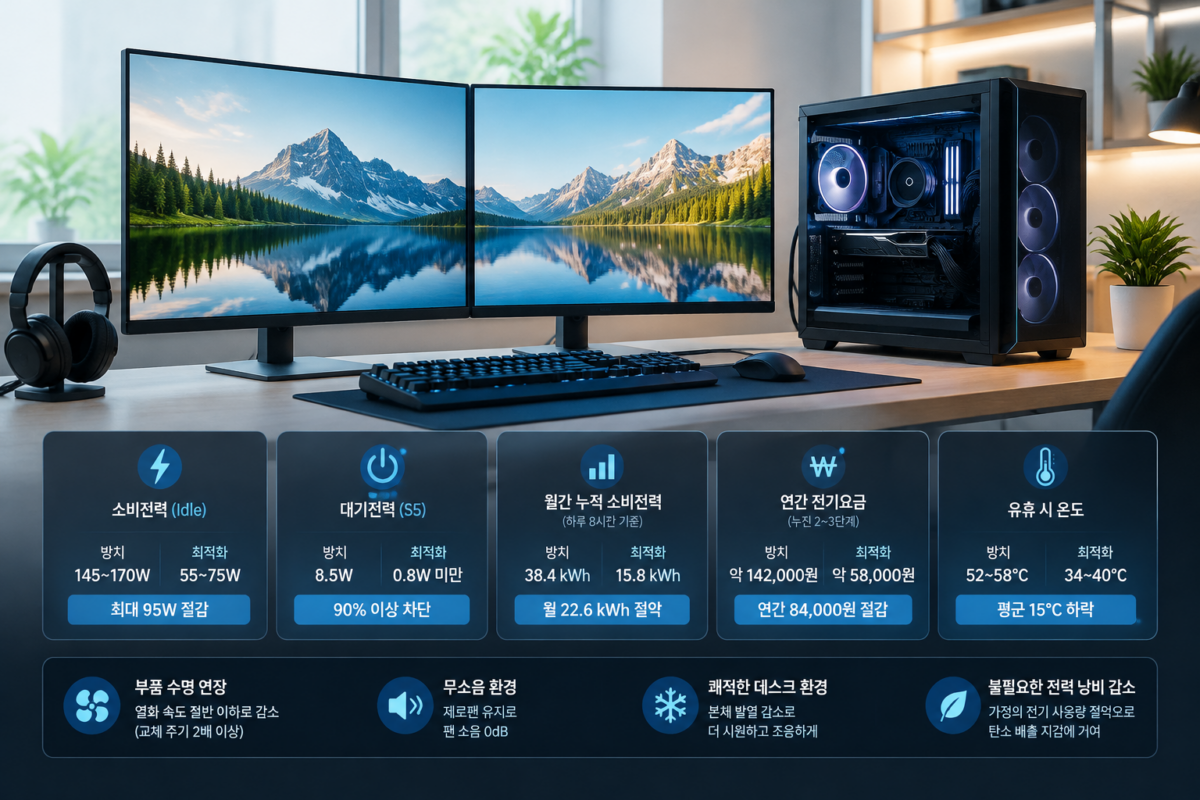 전력 측정 및 절감 효과를 분석하는 도중에 사용되는 PC와 모니터 화면