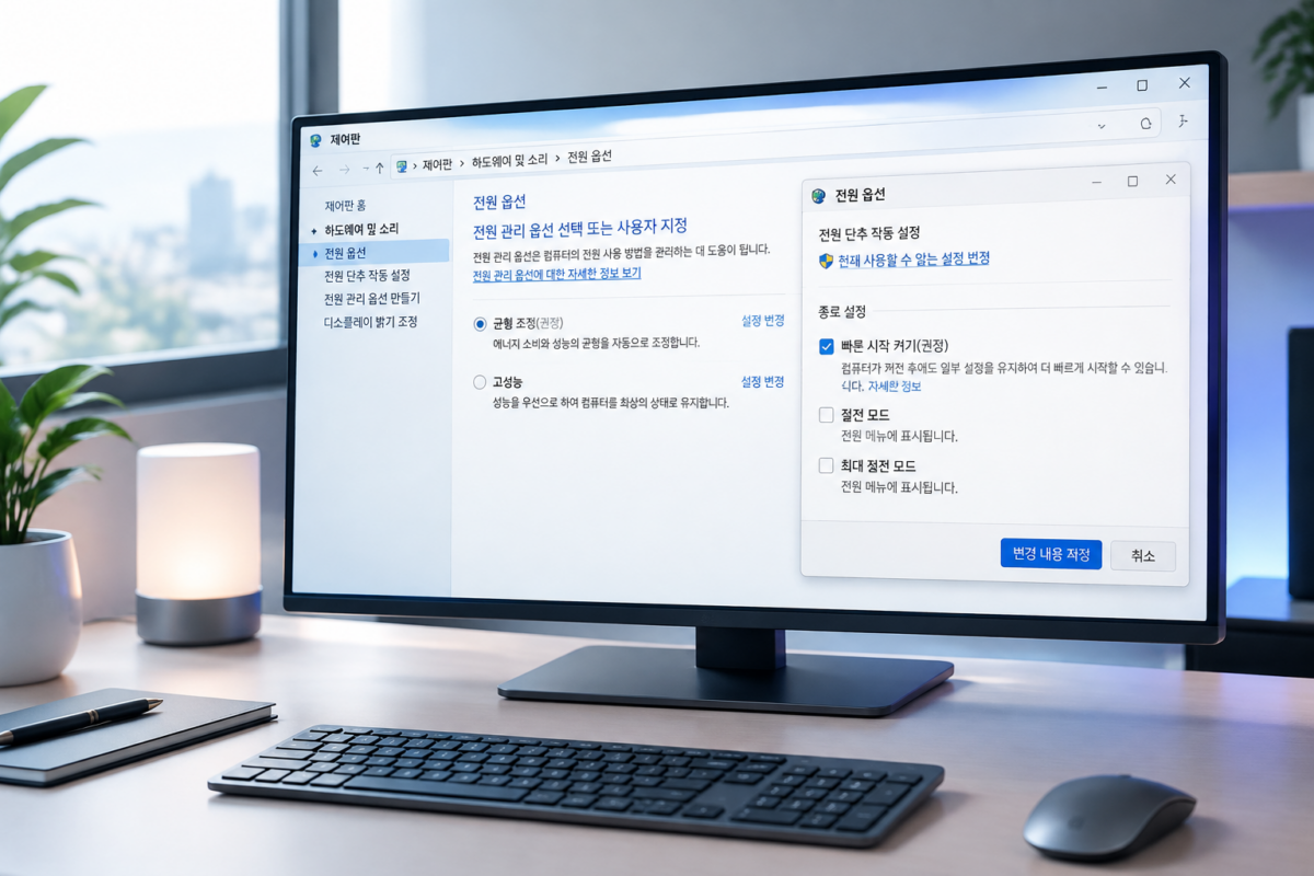 제어판 전원 옵션에서 빠른 시작 켜기 비활성화 메뉴 설정 화면