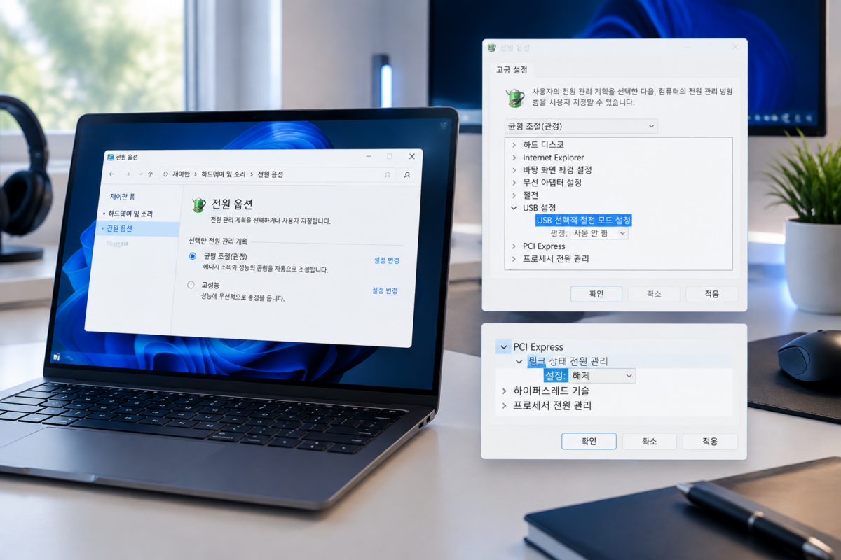 전원 옵션 고급 설정에서 PCIe 링크 상태 전원 관리 해제 설정 화면