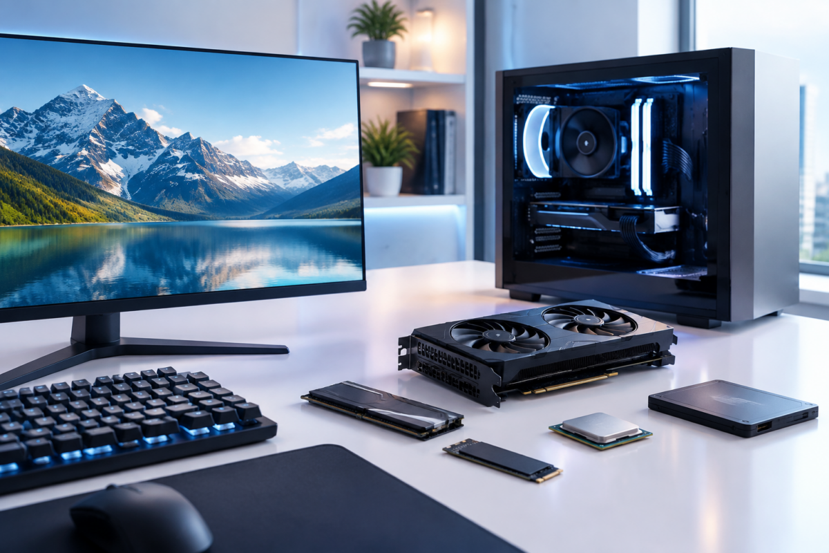 고성능 컴퓨터 부품(CPU, RAM, GPU, SSD)이 장착된 메인보드 내부 모습