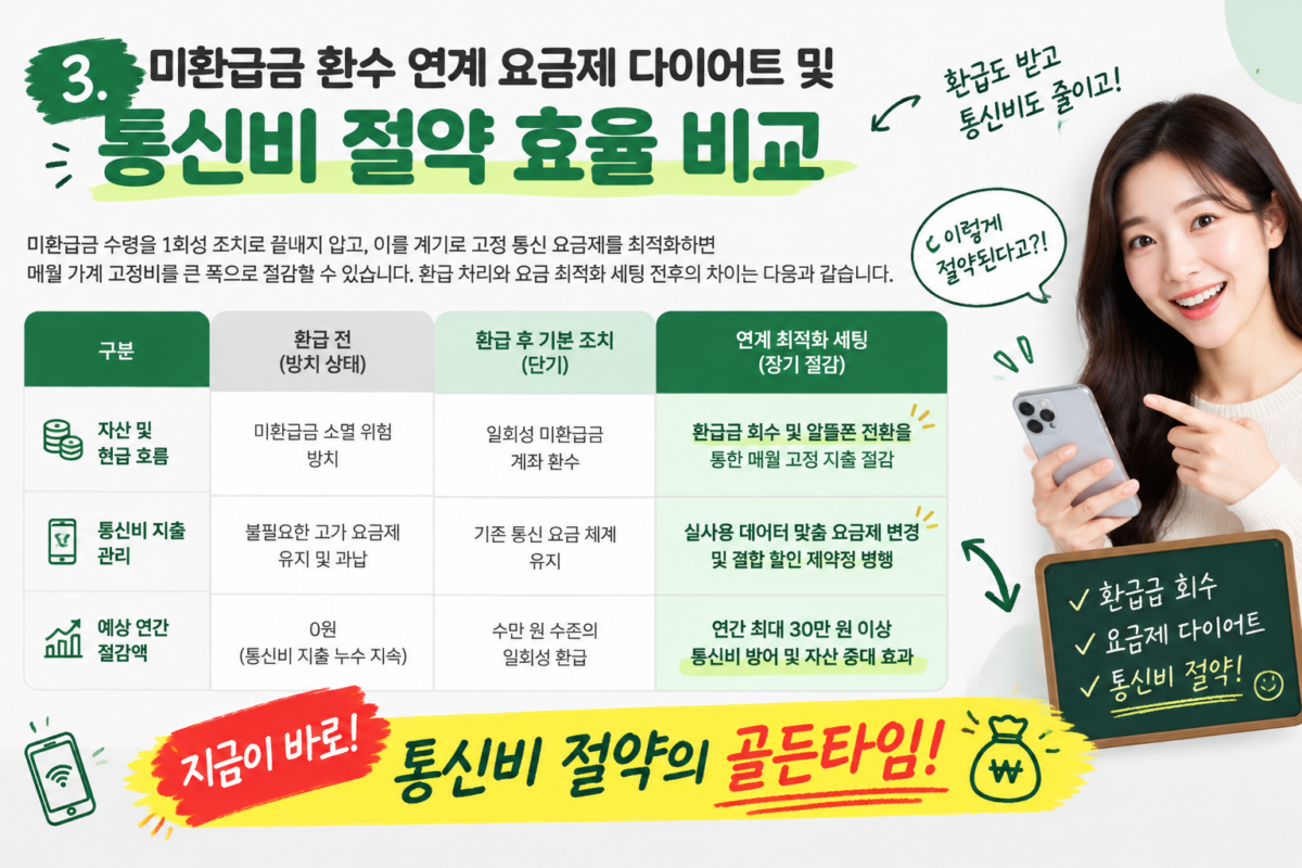 통신사 미환급금 환급 후 요금제 다이어트 및 연계 최적화 절감 효과 비교표