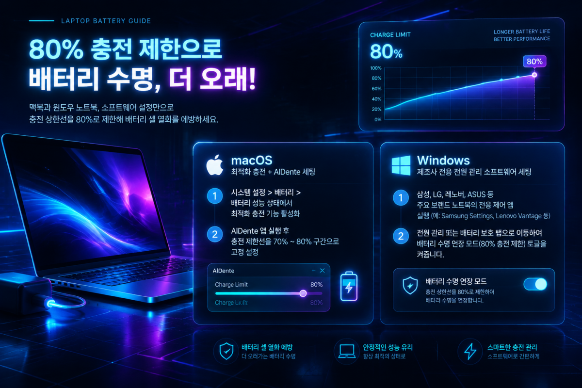맥북 및 스마트폰 배터리 수명 관리를 위한 80% 충전 제한 설정 화면
