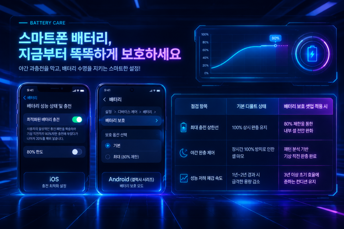 스마트폰 배터리 수명 관리를 위한 OS별 보호 모드 설정 화면