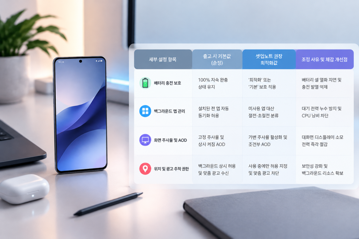 갤럭시 Z 폴드8 순정 기본값과 추천 최적화 세팅 비교 표